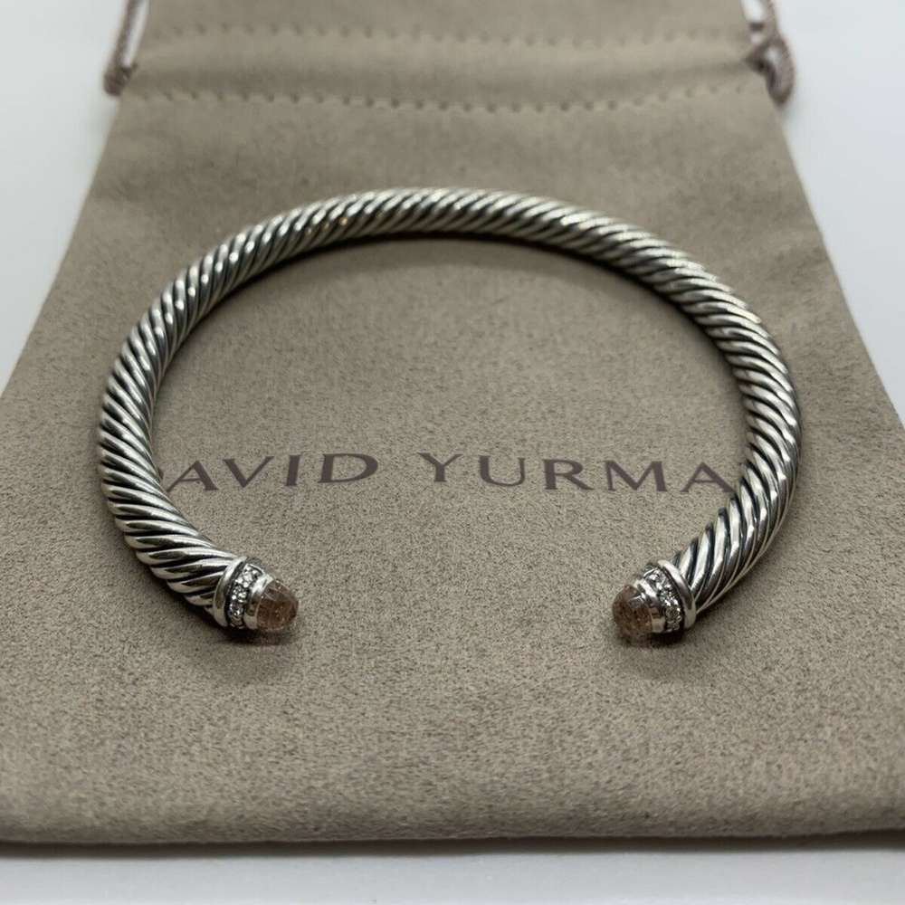 David Yurman Sterling Silver Morganite and Diamonds 5mm Cable Cuff Bracelet